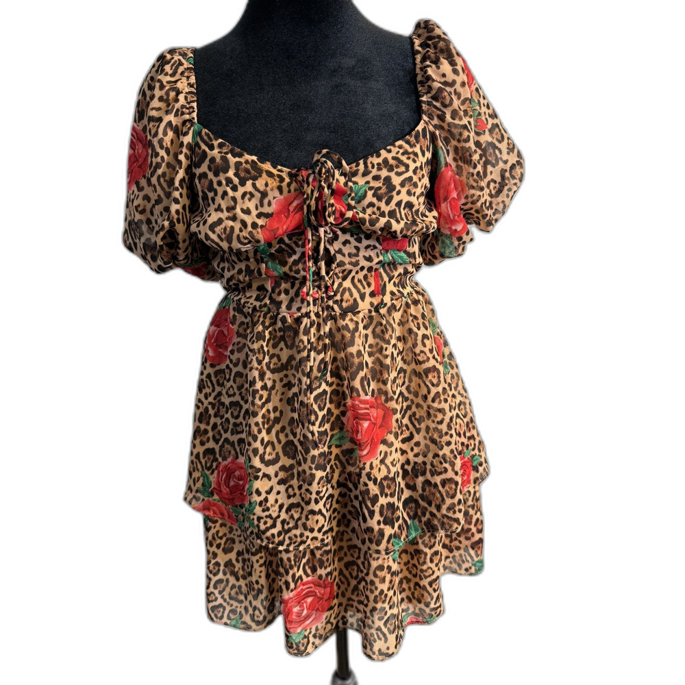 Leopard & Rose Print Puff Sleeve Tiered Mini Dress — Never Worn